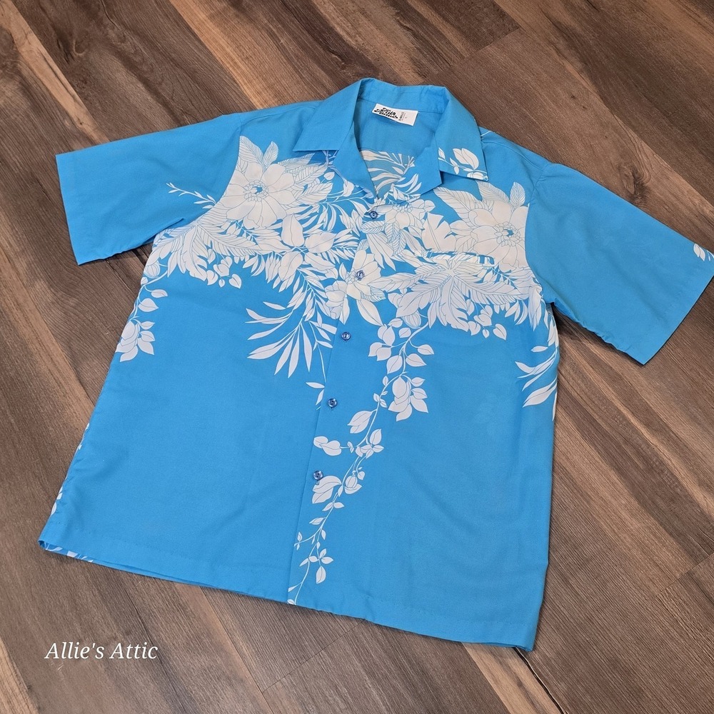 Hilo Hattie Men's‎ Hawaiian Shirt Vintage Blue White Floral Beach Button XL